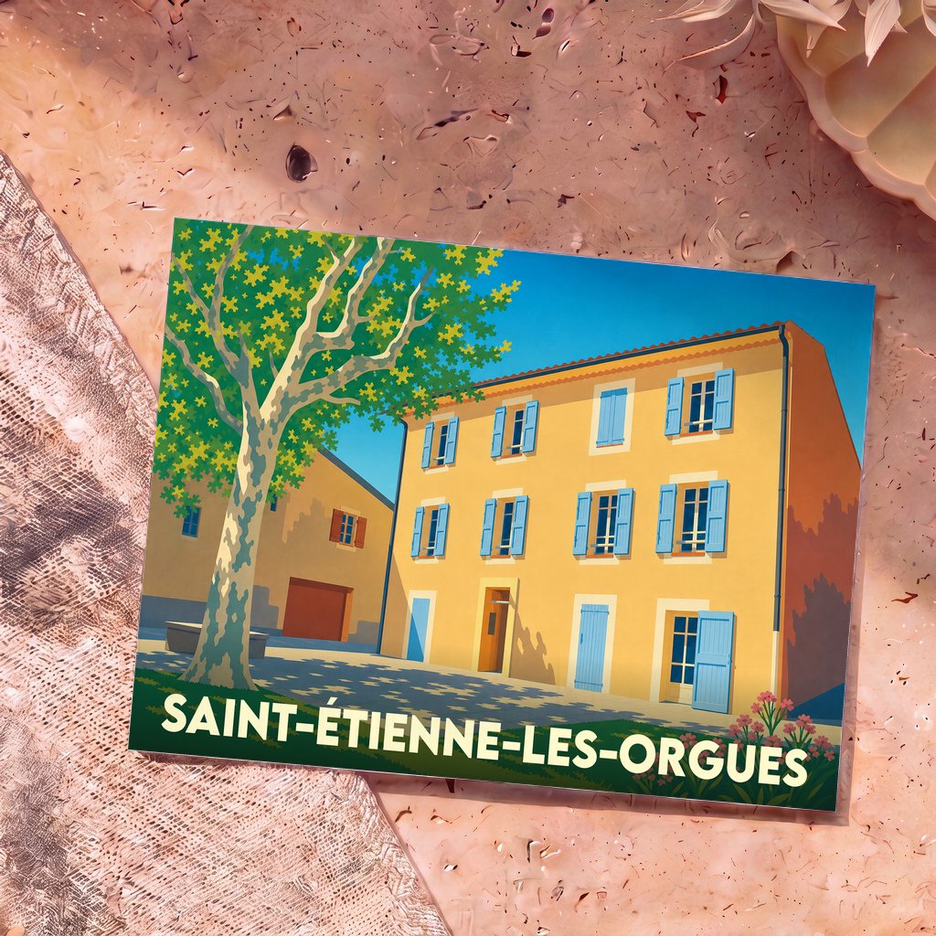 Carte postale souvenir de la ville de Saint-Étienne-les-Orgues avec une illustration stylisée d'une maison provençale et d'un platane.