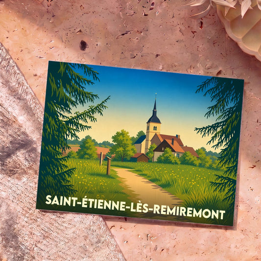 Carte postale souvenir de Saint-Étienne-lès-Remiremont illustrant l'église et les paysages vosgiens dans un style graphique épuré.