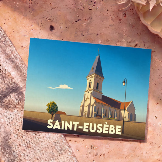 Carte postale souvenir de la ville de Saint-Eusèbe illustrant son église dans un style graphique épuré.