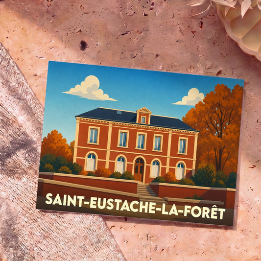 Carte postale souvenir de la ville de Saint-Eustache-la-Forêt avec une illustration stylisée d'un bâtiment en briques.