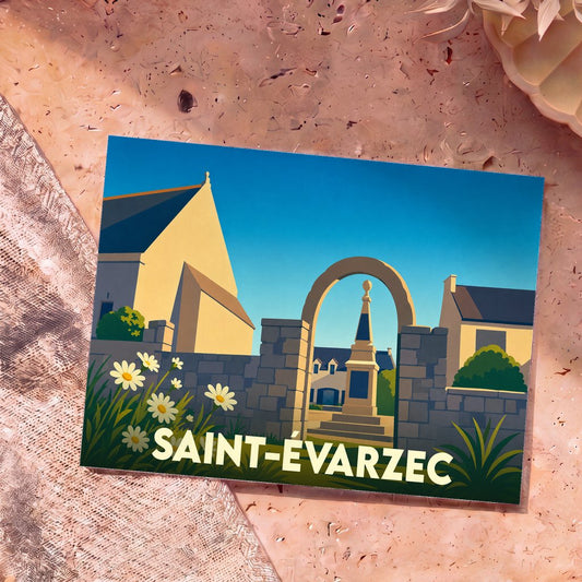 Carte postale souvenir de la ville de Saint-Évarzec avec une illustration stylisée et colorée.