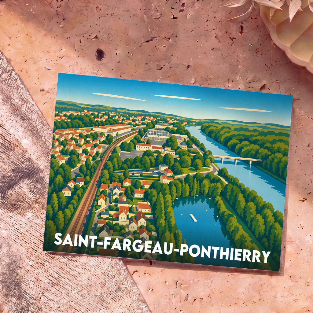 Carte postale souvenir de la ville de Saint-Fargeau-Ponthierry avec une illustration stylisée vue du ciel.