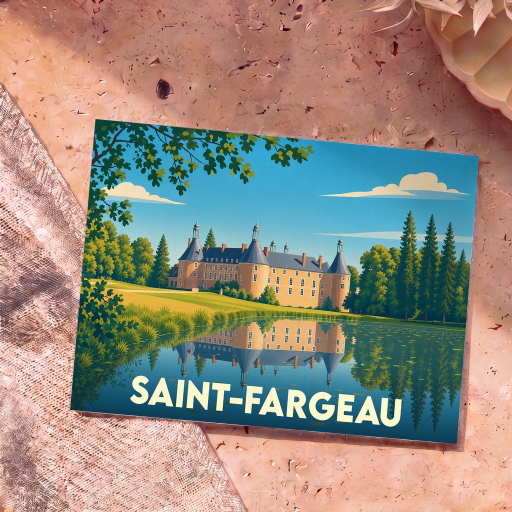 Carte postale souvenir de la ville de Saint-Fargeau avec une illustration stylisée de son château se reflétant dans l'eau.