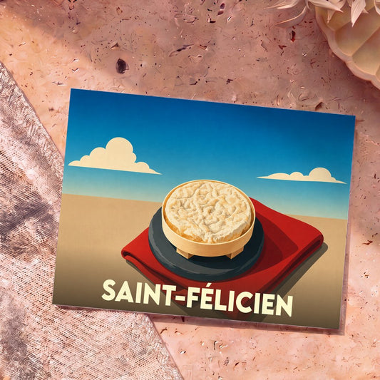 Carte postale souvenir de la ville de Saint-Félicien illustrant un fromage typique sur un fond stylisé.
