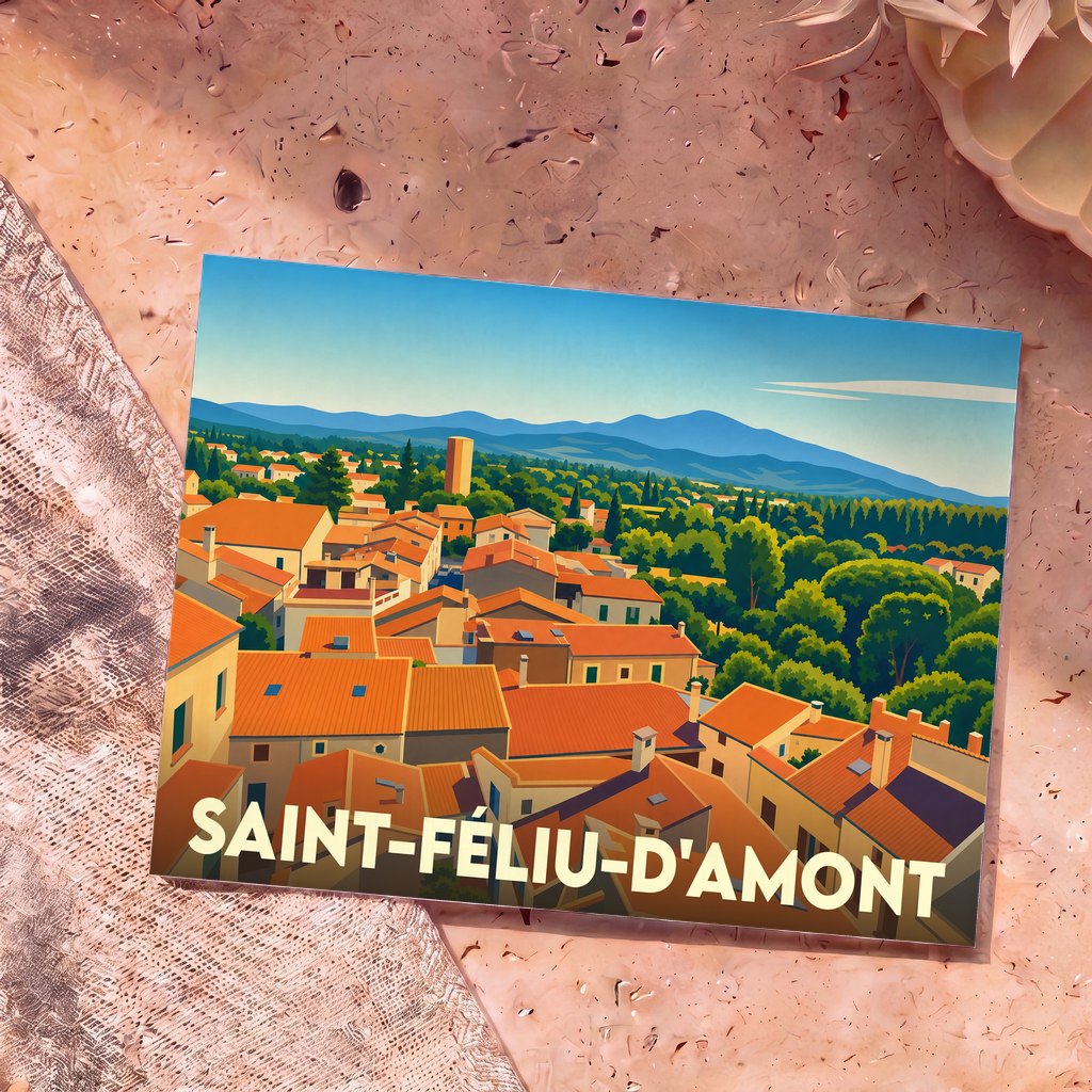 Carte postale souvenir de la ville de Saint-Féliu-d'Amont avec une illustration stylisée de ses toits orangés et des montagnes.
