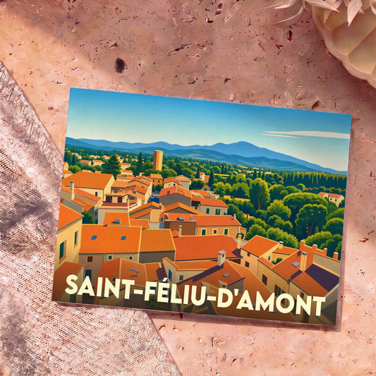 Carte postale souvenir de la ville de Saint-Féliu-d'Amont avec une illustration stylisée de ses toits orangés et des montagnes.