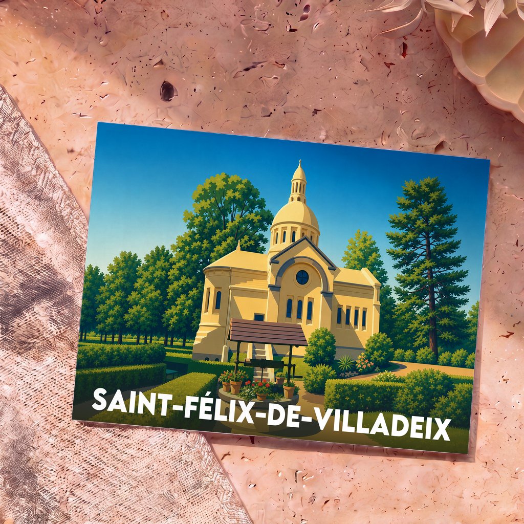 Carte postale souvenir de la ville de Saint-Félix-de-Villadeix avec une illustration stylisée d'une église et de ses jardins.