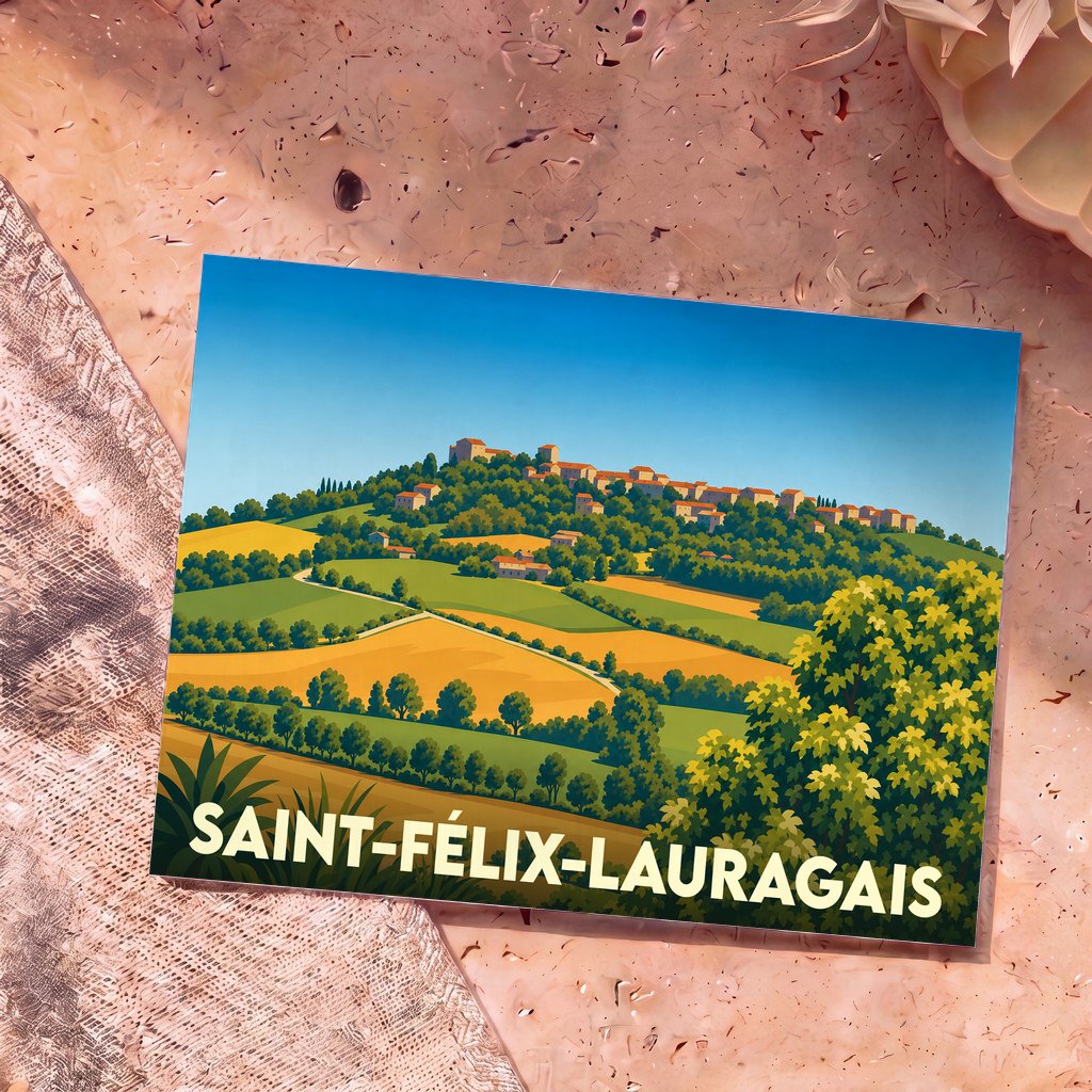 Carte postale souvenir de Saint-Félix-Lauragais illustrant le village perché sur une colline à travers un paysage vallonné et coloré.