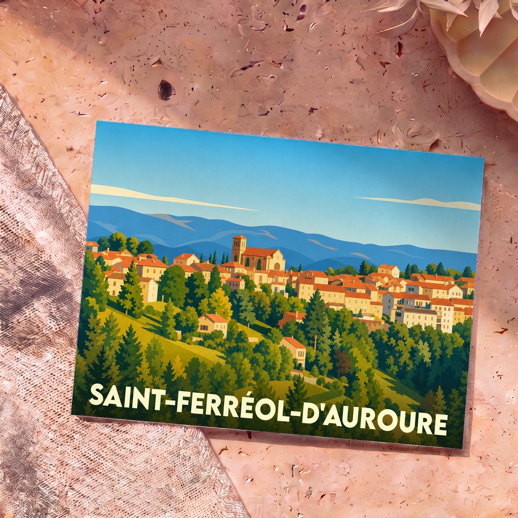 Carte postale souvenir de la ville de Saint-Ferréol-d'Auroure avec une illustration stylisée.