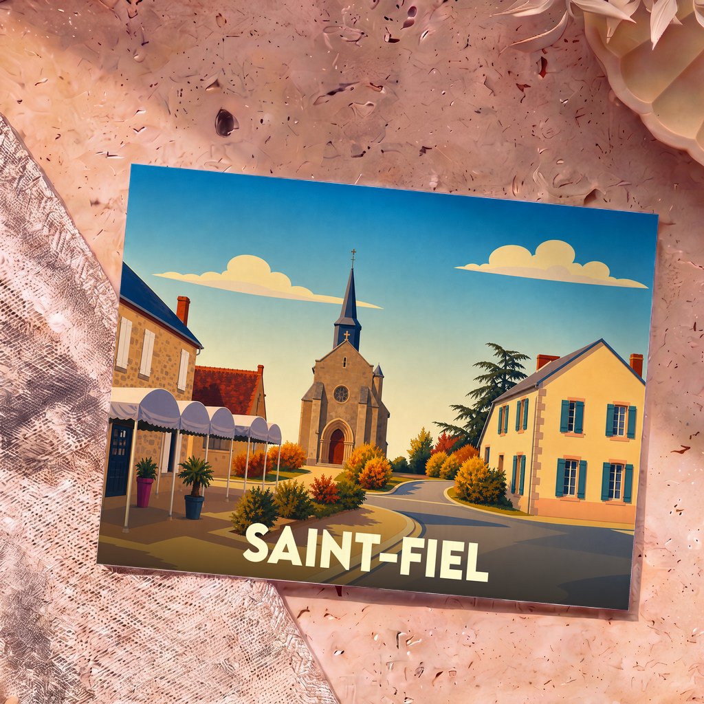 Carte postale souvenir de la ville de Saint-Fiel avec une illustration stylisée.