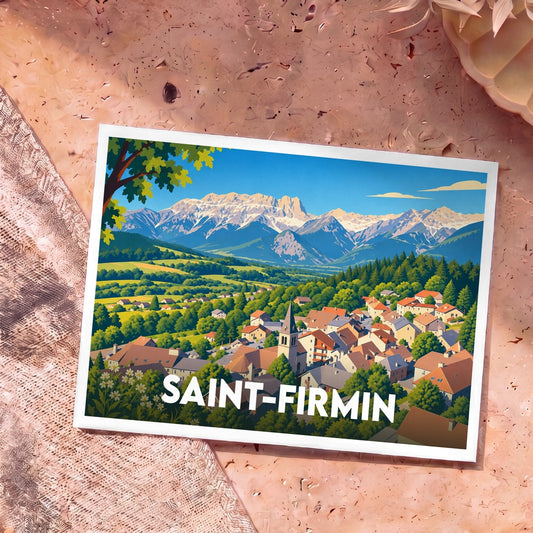Carte postale souvenir de la ville de Saint-Firmin avec une illustration stylisée d'un village de montagne.