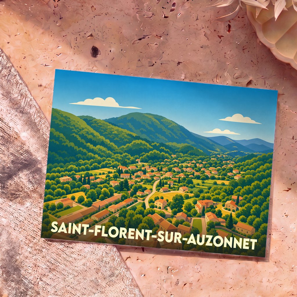 Carte postale souvenir de la ville de Saint-Florent-sur-Auzonnet avec une illustration stylisée d'un village niché dans une vallée verdoyante.