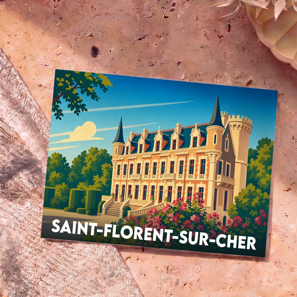 Carte postale souvenir de la ville de Saint-Florent-sur-Cher illustrant son château dans un style graphique coloré.