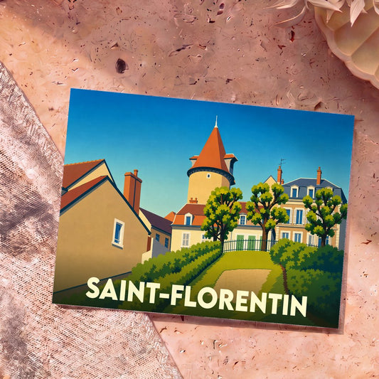 Carte postale souvenir de la ville de Saint-Florentin arborant une illustration stylisée et colorée.