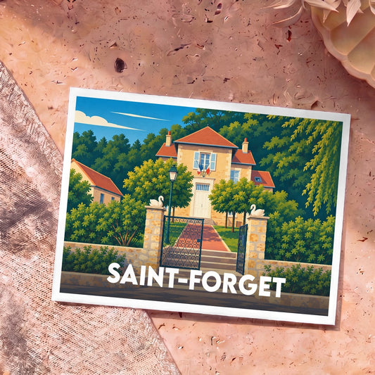 Carte postale souvenir de la ville de Saint-Forget illustrant une mairie de village typique avec une affiche stylisée.