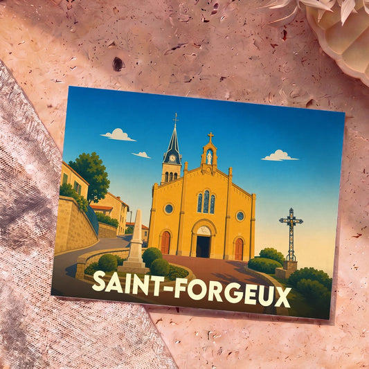 Carte postale souvenir de la ville de Saint-Forgeux illustrant son église sous un ciel bleu ensoleillé.
