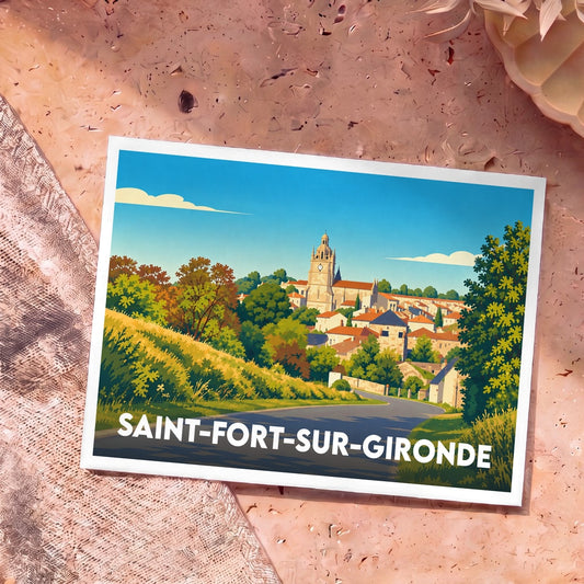 Carte postale souvenir de la ville de Saint-Fort-sur-Gironde avec une illustration stylisée de son église et de ses paysages.