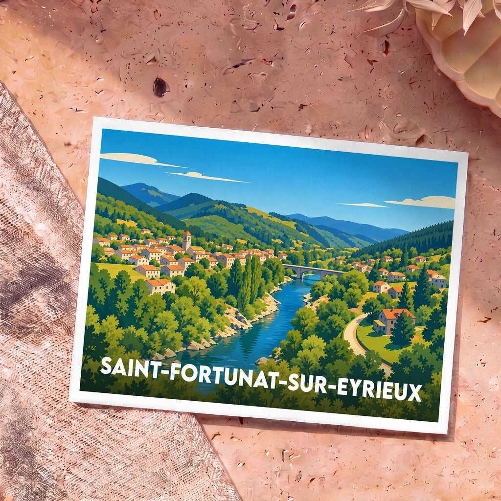 Carte postale souvenir de la ville de Saint-Fortunat-sur-Eyrieux avec une illustration stylisée d'un paysage de vallée.
