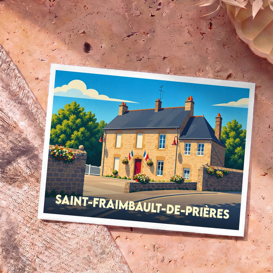 Carte postale souvenir de la ville de Saint-Fraimbault-de-Prières avec une illustration stylisée de la mairie.