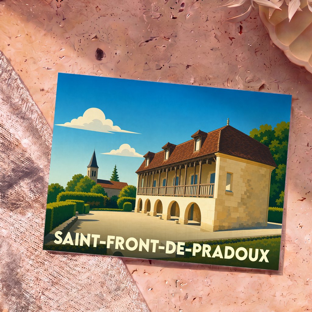 Carte postale souvenir de la ville de Saint-Front-de-Pradoux avec une illustration stylisée de ses monuments historiques.