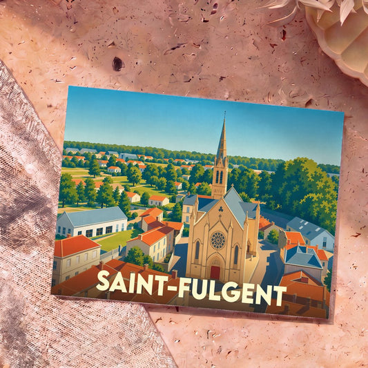 Carte postale souvenir de la ville de Saint-Fulgent avec une illustration stylisée de son église et de ses environs.