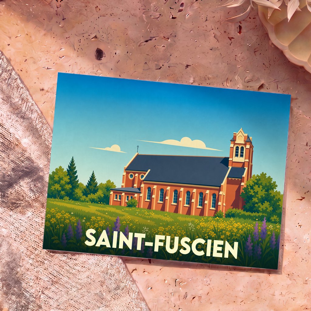 Carte postale souvenir de la ville de Saint-Fuscien avec une illustration stylisée de son église.