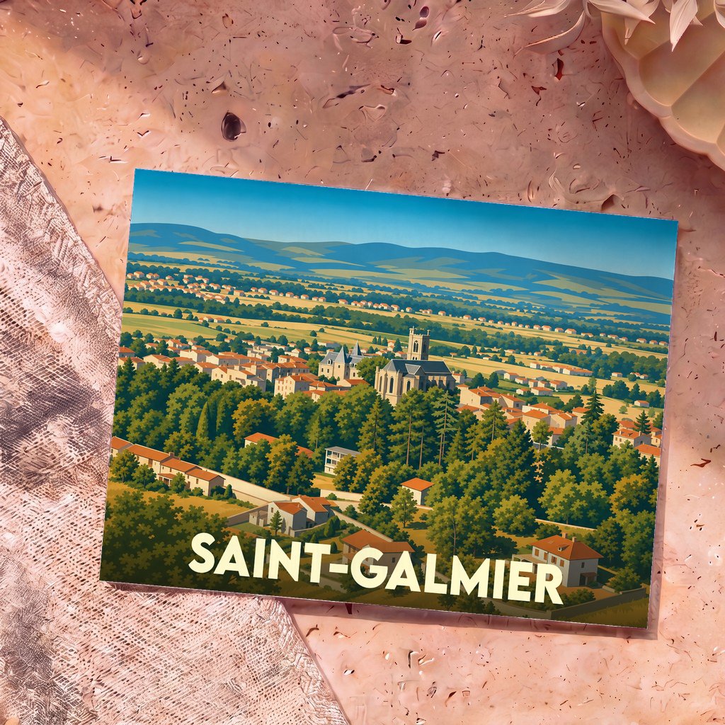 Carte postale souvenir de la ville de Saint-Galmier avec une illustration stylisée de son paysage urbain et verdoyant.