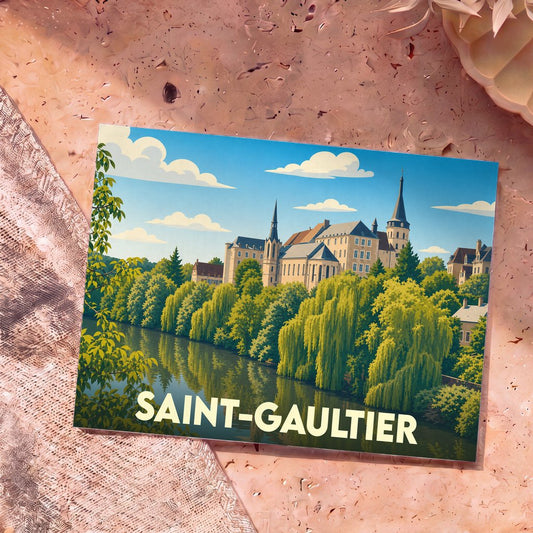 Carte postale souvenir de la ville de Saint-Gaultier avec une illustration stylisée d'un château en bord de rivière.