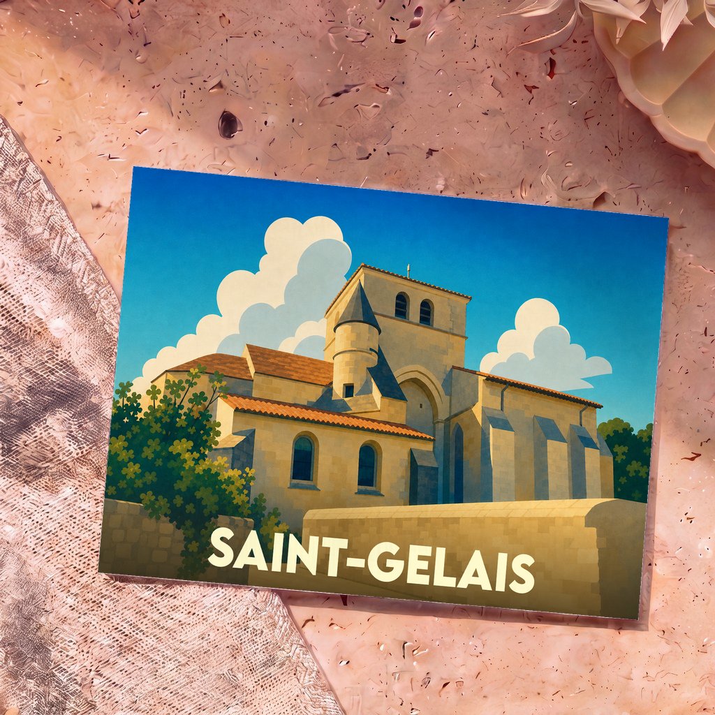 Carte postale souvenir de la ville de Saint-Gelais avec une illustration stylisée de son église romane sous un ciel bleu.