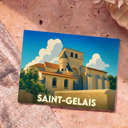 Carte postale souvenir de la ville de Saint-Gelais avec une illustration stylisée de son église romane sous un ciel bleu.