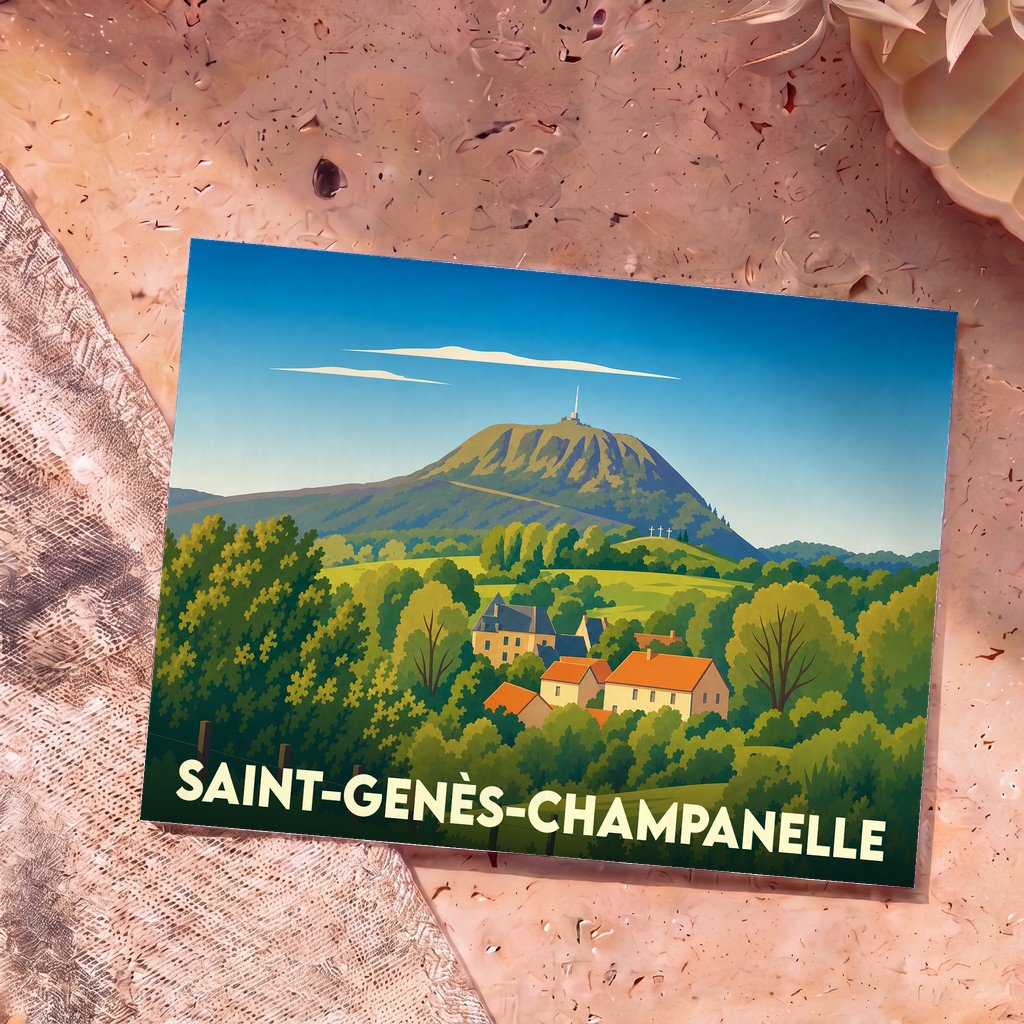 Carte postale souvenir de la ville de Saint-Genès-Champanelle avec une illustration stylisée du Puy de Dôme dominant un village.