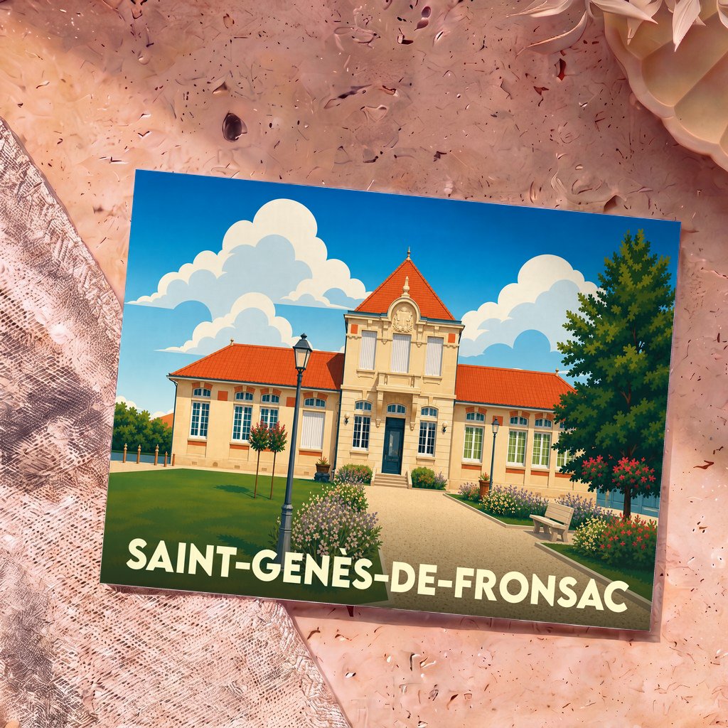 Carte postale souvenir de Saint-Genès-de-Fronsac illustrant la mairie avec un style graphique coloré.