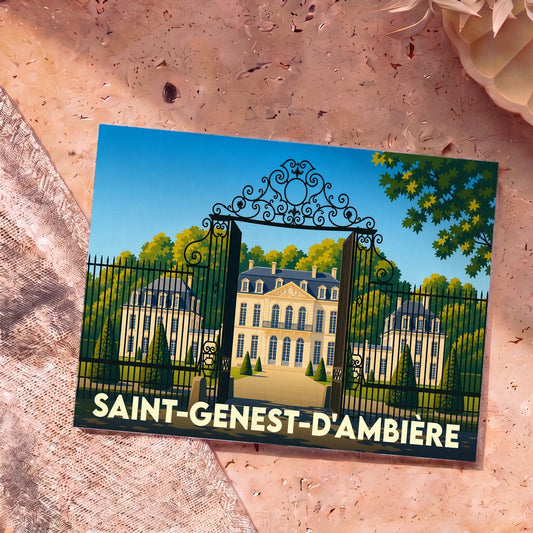 Carte postale souvenir de la ville de Saint-Genest-d’Ambière illustrant un château derrière une grille ouvragée.