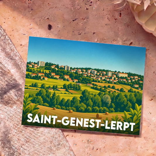 Carte postale souvenir de la ville de Saint-Genest-Lerpt avec une illustration stylisée de son paysage vallonné.