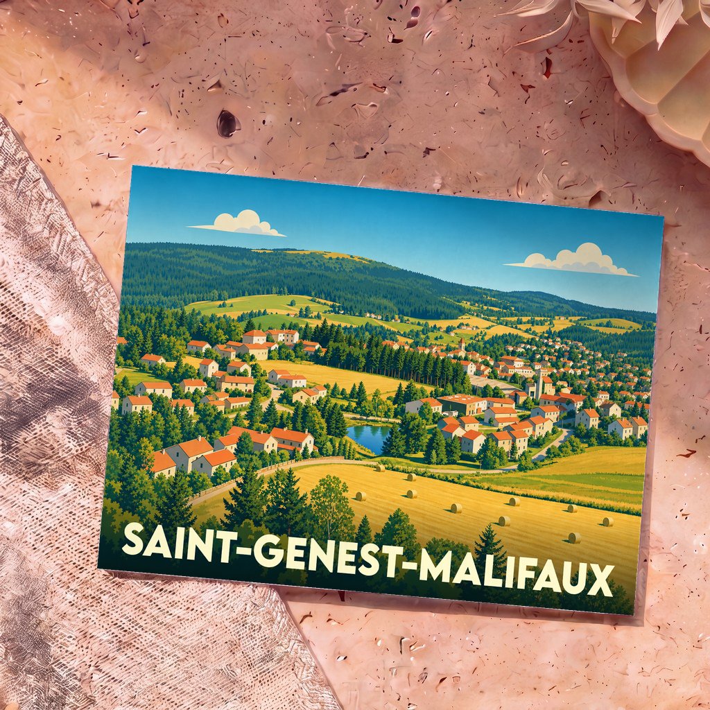 Carte postale souvenir de la ville de Saint-Genest-Malifaux avec une illustration stylisée d'un paysage de campagne vallonné.