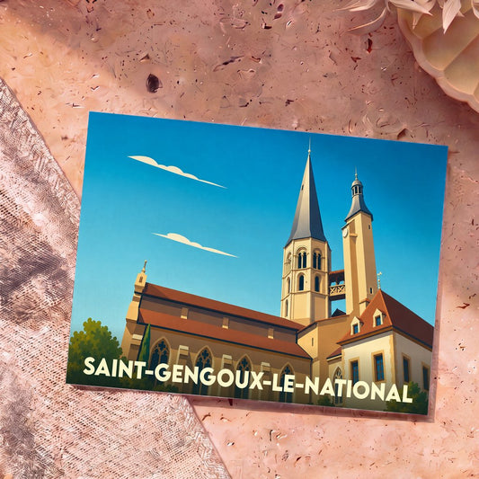 Carte postale souvenir de la ville de Saint-Gengoux-le-National avec une illustration stylisée de son église médiévale.