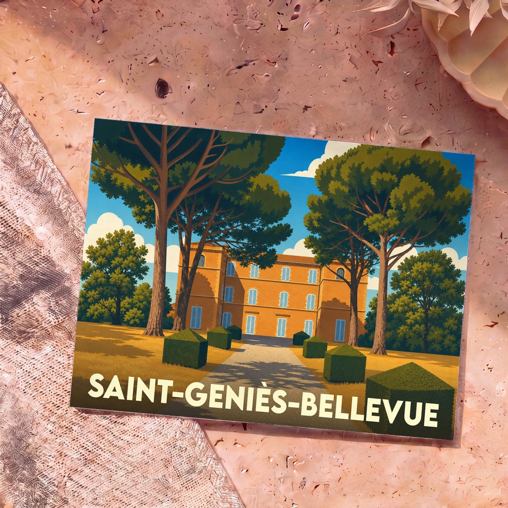 Carte postale souvenir de Saint-Geniès-Bellevue avec une illustration stylisée d'un château et de pins parasols.