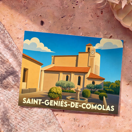 Carte postale souvenir de la ville de Saint-Geniès-de-Comolas avec une illustration stylisée de son église sous un ciel bleu.