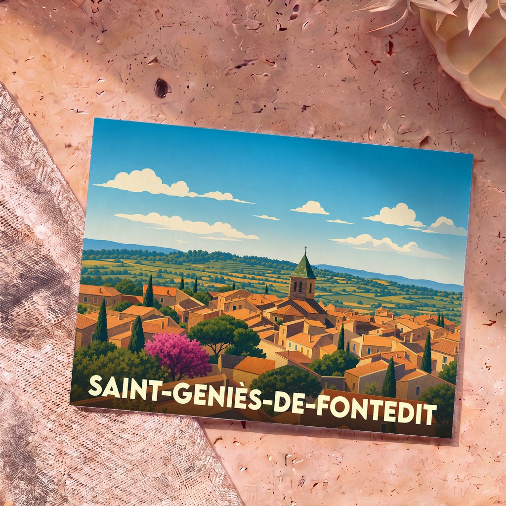 Carte postale souvenir de la ville de Saint-Geniès-de-Fontedit avec une illustration panoramique stylisée.