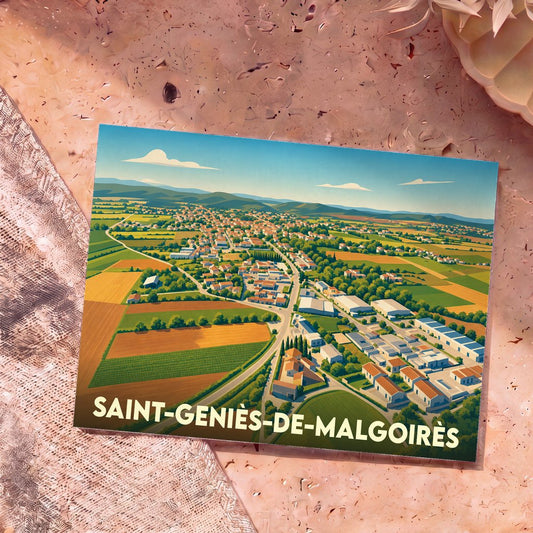Carte postale souvenir de la ville de Saint-Geniès-de-Malgoirès avec une vue aérienne illustrée de façon stylisée.