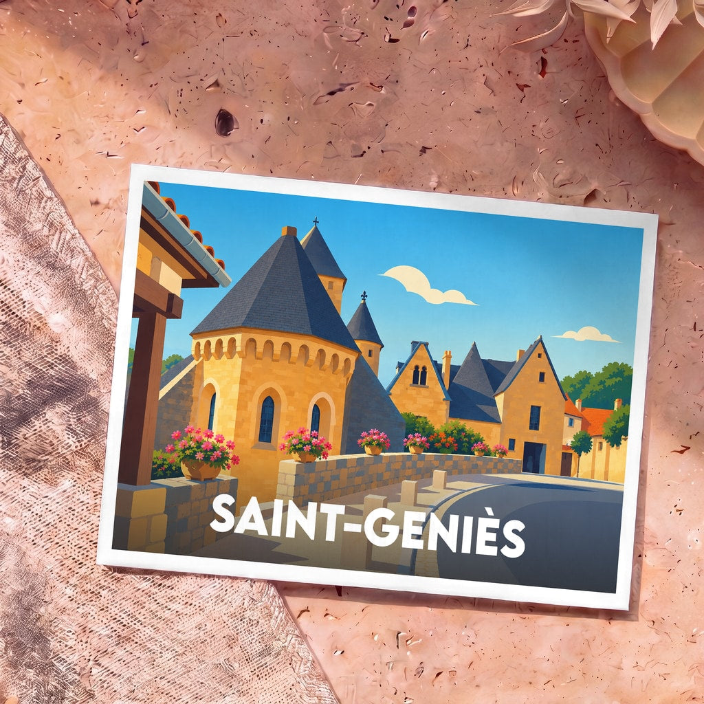 Carte postale souvenir de la ville de Saint-Geniès avec une illustration stylisée.