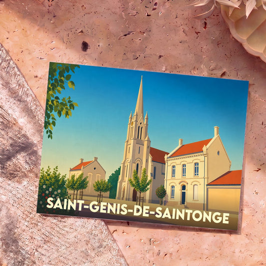 Carte postale souvenir de Saint-Genis-de-Saintonge illustrant son église et ses bâtiments de style charentais sous un ciel bleu.