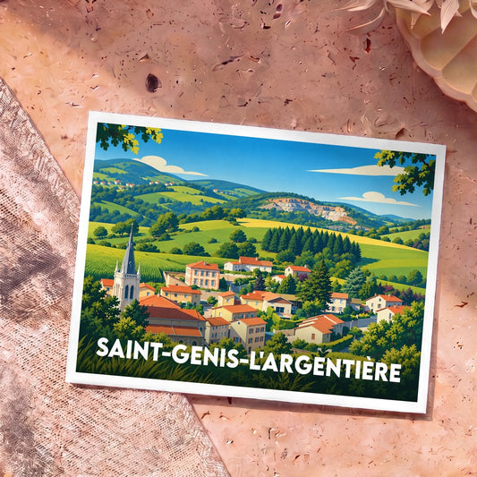 Carte postale souvenir de la ville de Saint-Genis-l'Argentière avec une illustration stylisée de son paysage vallonné.