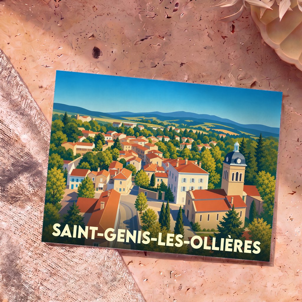 Carte postale souvenir de Saint-Genis-les-Ollières avec une illustration colorée et stylisée de la ville.