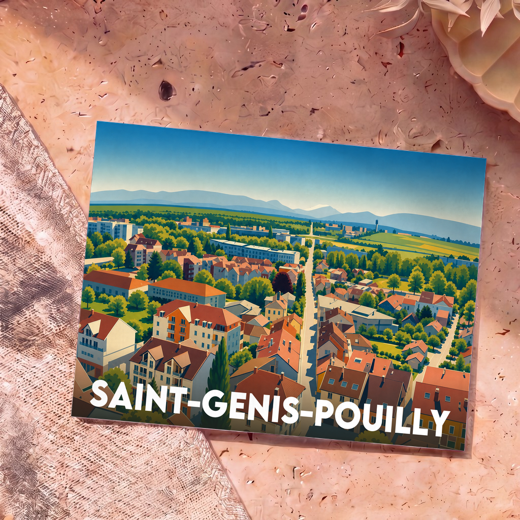 Carte postale souvenir de la ville de Saint-Genis-Pouilly avec une illustration stylisée vue du ciel.