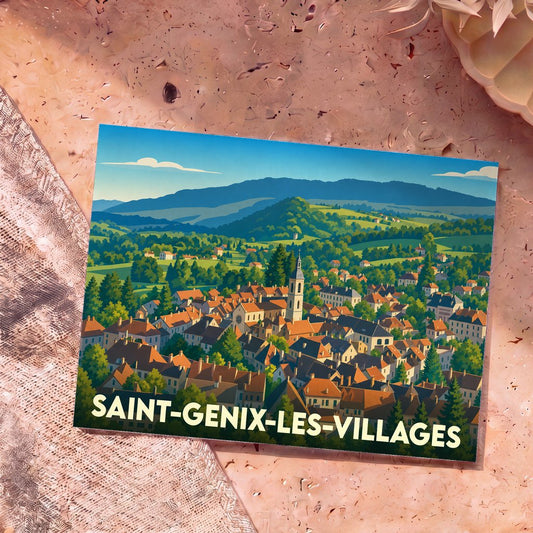 Carte postale souvenir de la ville de Saint-Genix-les-Villages avec une illustration panoramique stylisée.