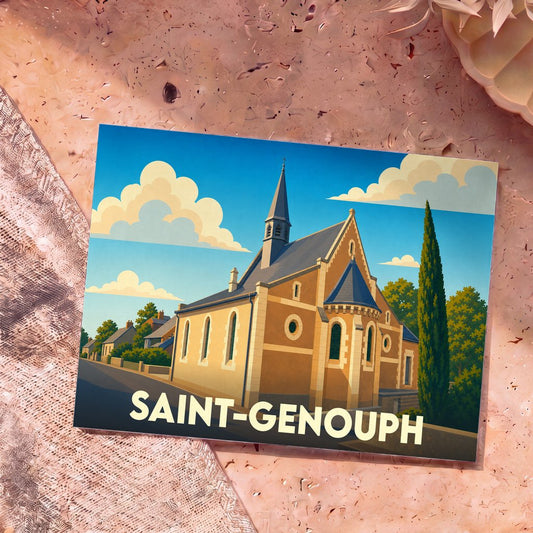Carte postale souvenir de la ville de Saint-Genouph avec une illustration stylisée de son église sous un ciel ensoleillé.