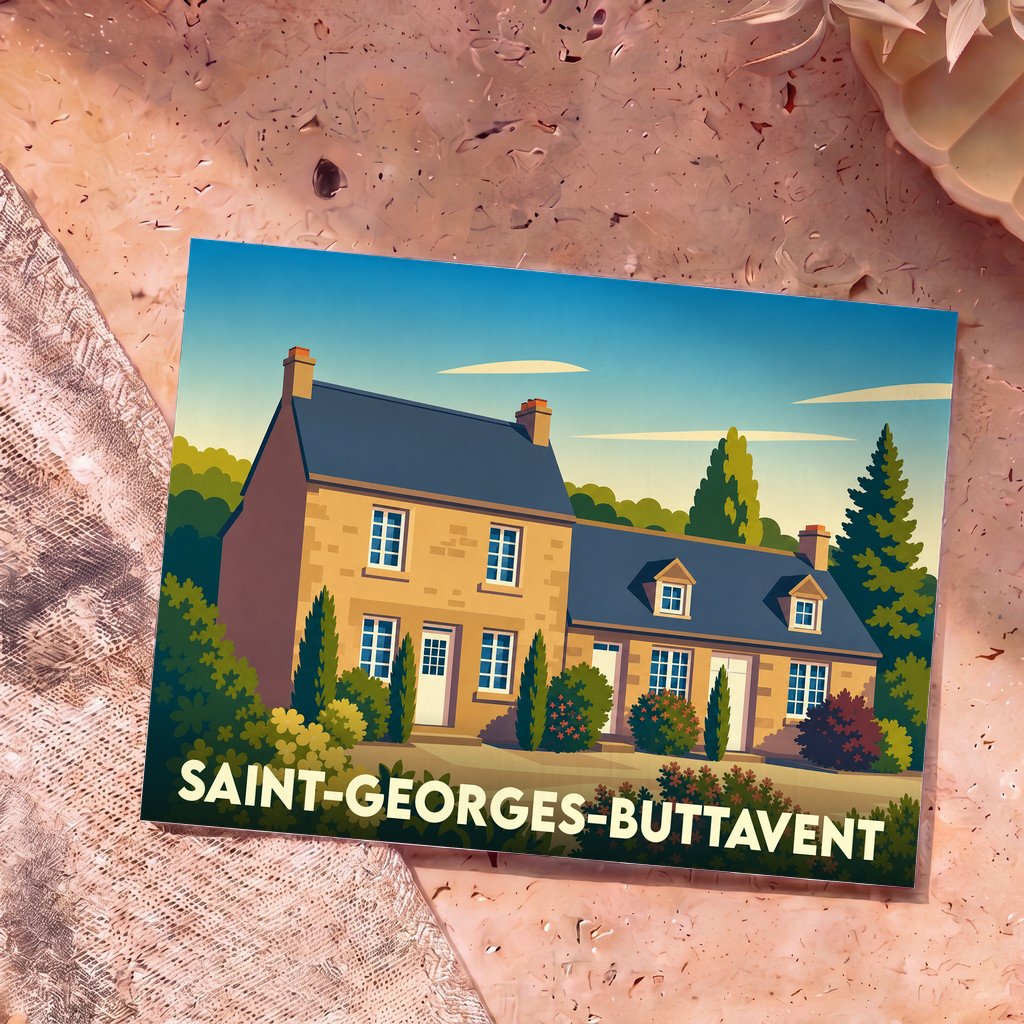 Carte postale souvenir de la ville de Saint-Georges-Buttavent avec une illustration stylisée d'une maison en pierre.