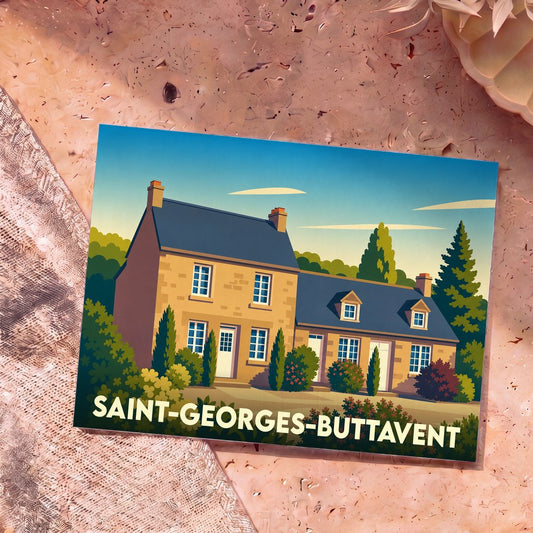 Carte postale souvenir de la ville de Saint-Georges-Buttavent avec une illustration stylisée d'une maison en pierre.