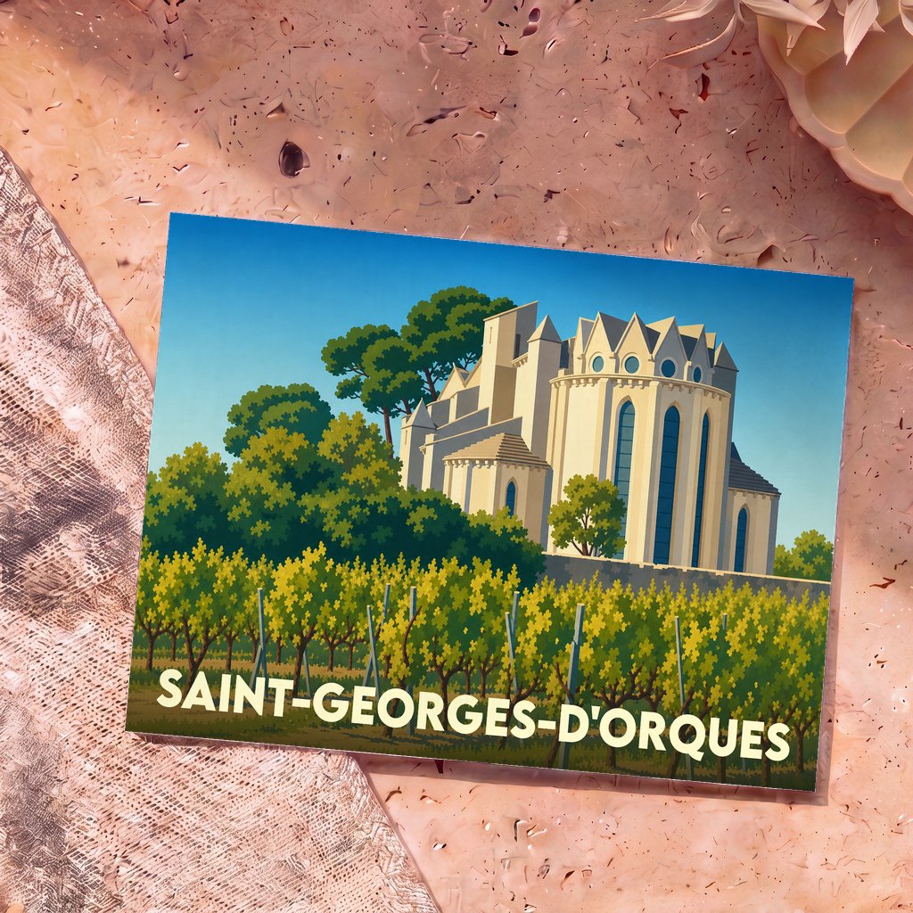 Carte postale souvenir de Saint-Georges-d'Orques illustrant son église et ses vignobles dans un style graphique épuré.